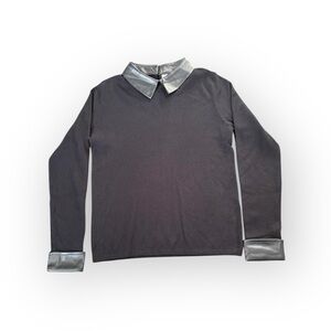 Sioni Milano XS Black Knit Top with Faux Leather Collar & Cuffs NWT
